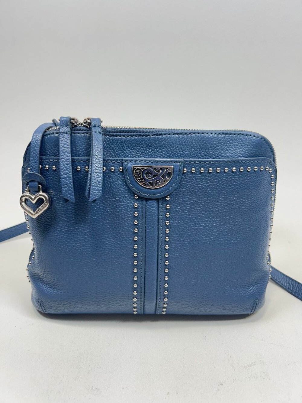 BRIGHTON Jojo Domed Blue Pebbled Leather Organizer Crossbody Bag Zip Around